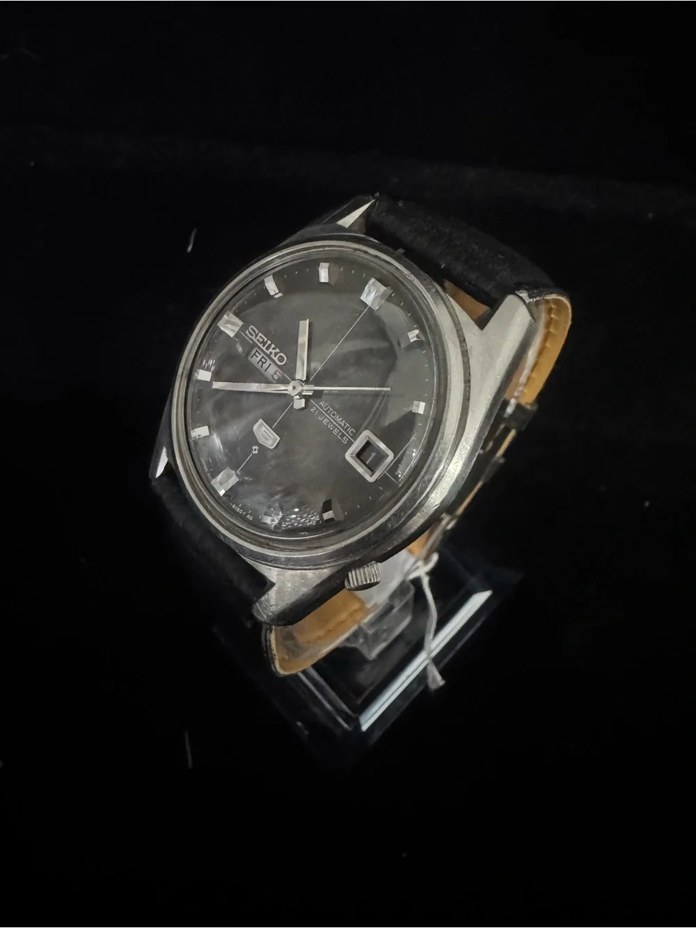 Seiko Black and Silver Automatic Watch with Day-Date